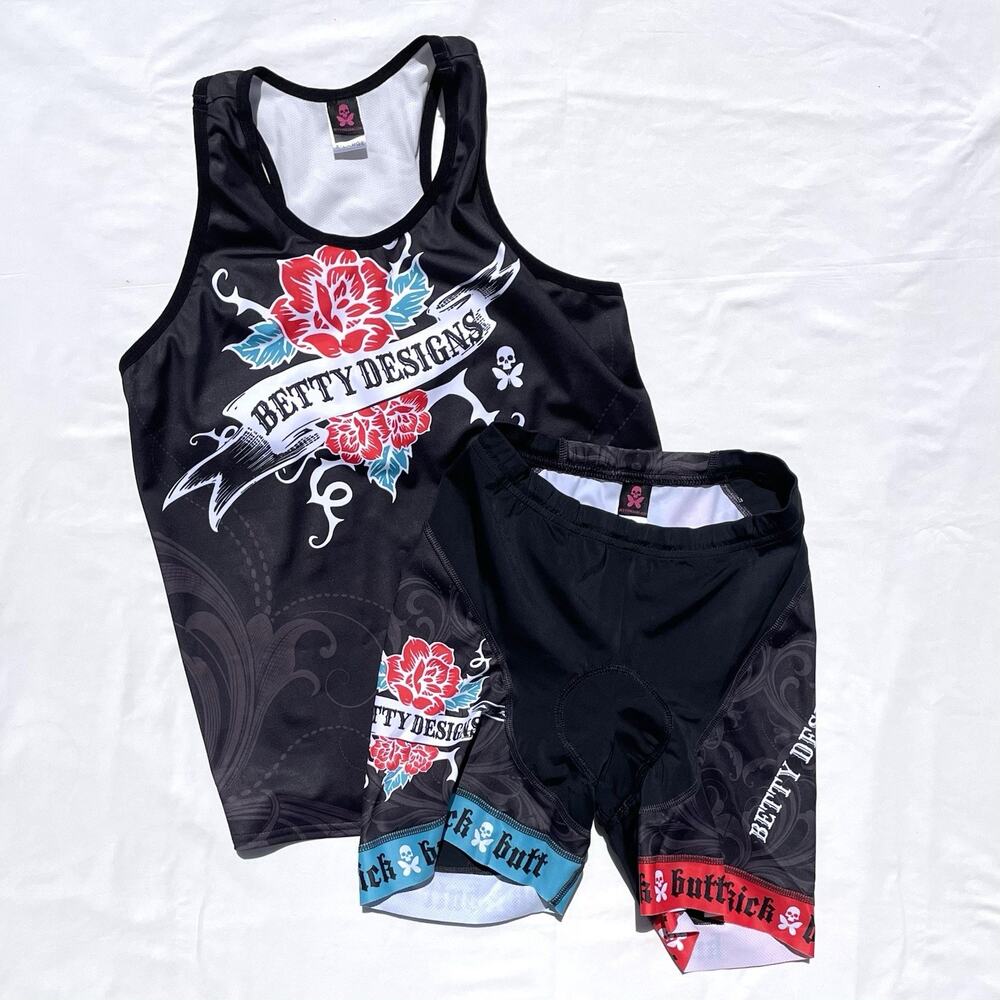 Betty Designs Tri Set Womens XL Jersey Tank Shorts Tattoo Kick Butt Triathlon